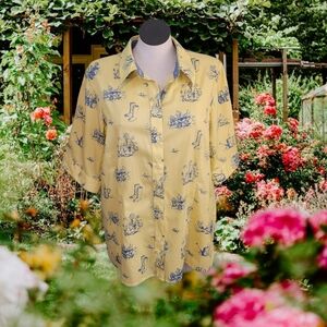 Cottage Countryside Yellow and Blue Garden Pattern Button-down Blouse